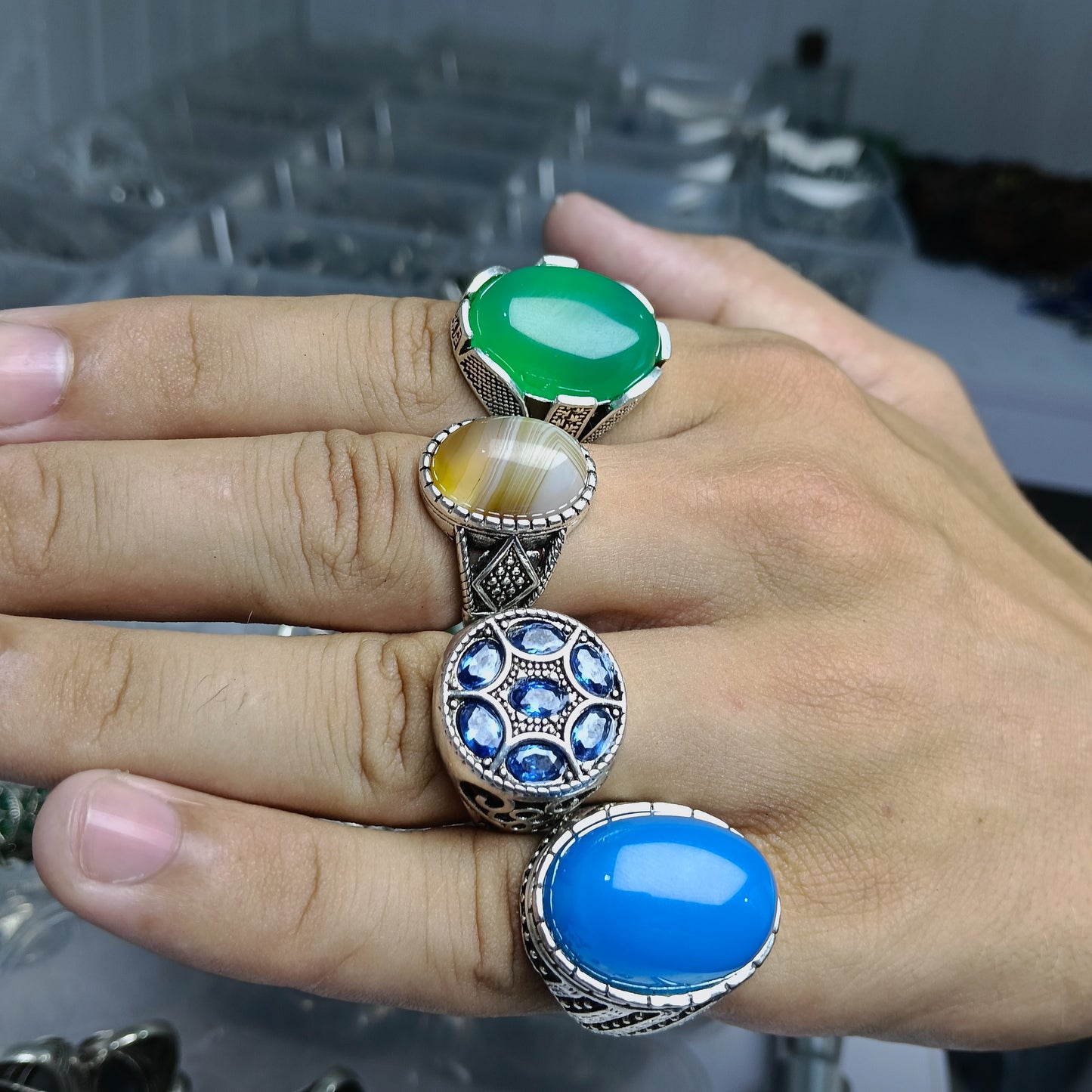 Deal of 4 Gemstone Rings – Nellum, Sulamani Aqeeq, Blue Aqeeq & Green Aqeeq