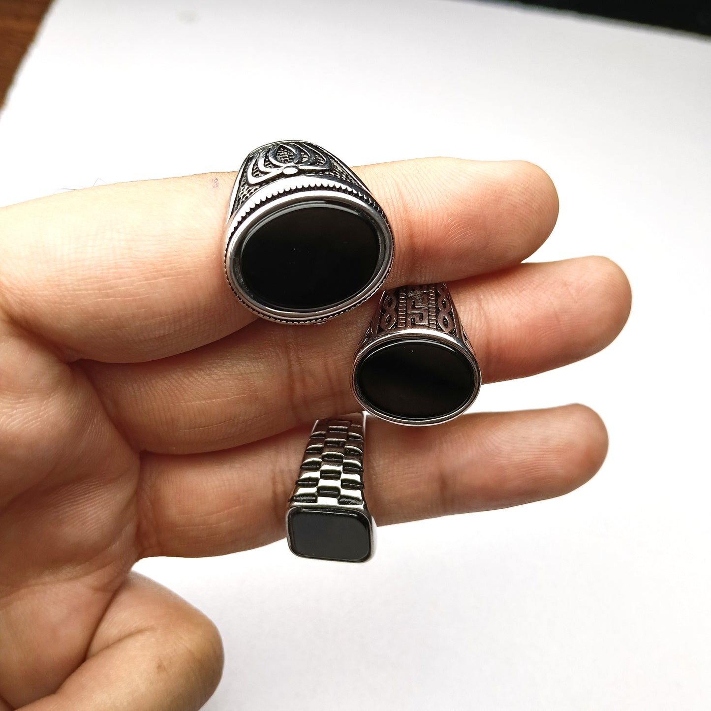 Exclusive Deal: Set of 3 Silver Rings with Black Aqeeq – Free Home Delivery!
