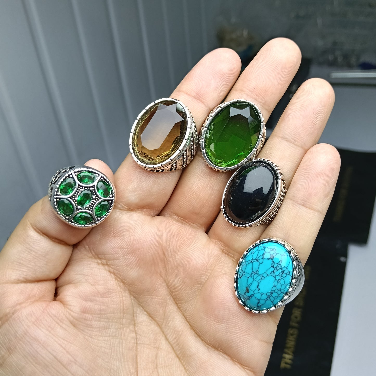 💍 Deal of 5 Gemstone Rings – Emerald, Feroza, Aqeeq & Zircon Collection