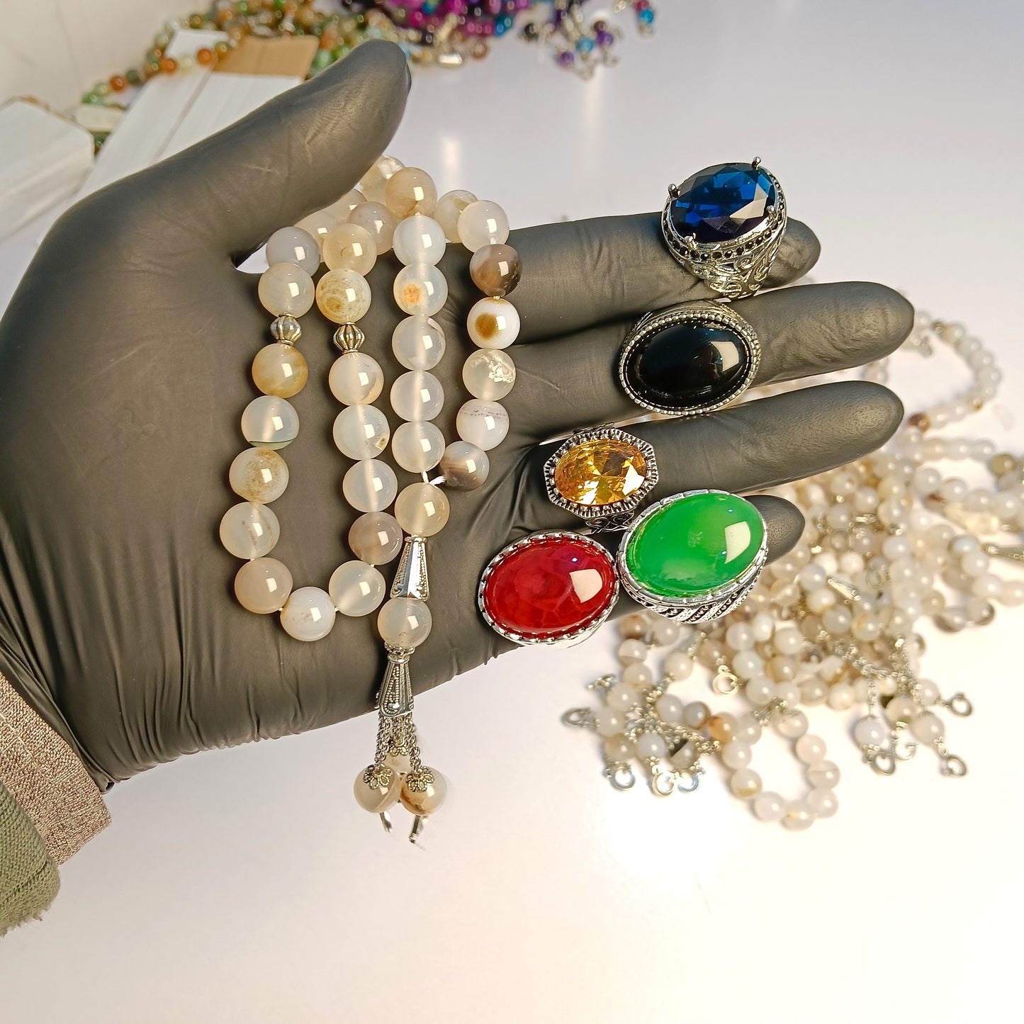Gemstone 5 Rings Bundle(nellum+ Pukraj and aqeeq Rings)+33 prayer beads Shejri aqeeq Tasbih