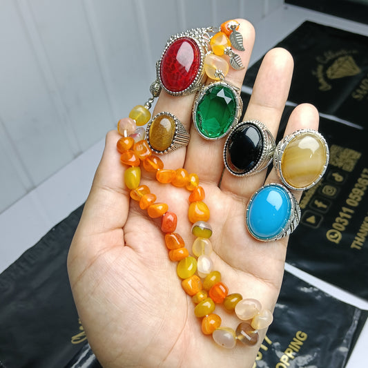 💎 Deal of 6 Rings + Yamni Aqeeq Tasbih – Emerald & Aqeeq Collection with Free Delivery