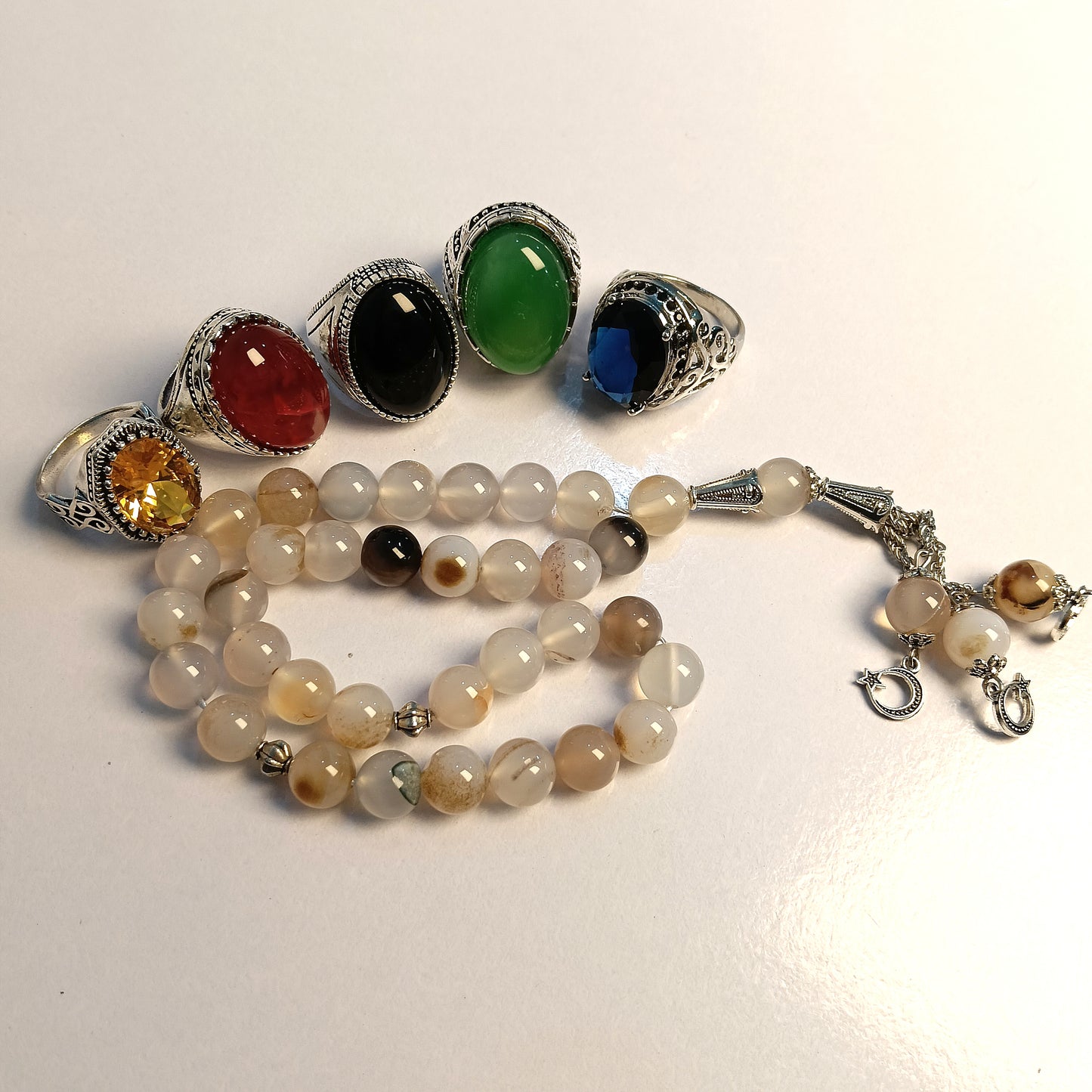 Gemstone 5 Rings Bundle(nellum+ Pukraj and aqeeq Rings)+33 prayer beads Shejri aqeeq Tasbih