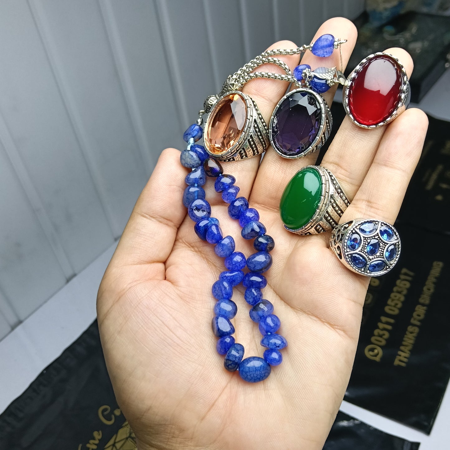 💍 Deal of 5 Rings + Nellum Stone Tasbih – Elegant Gemstone Combo with Free Delivery