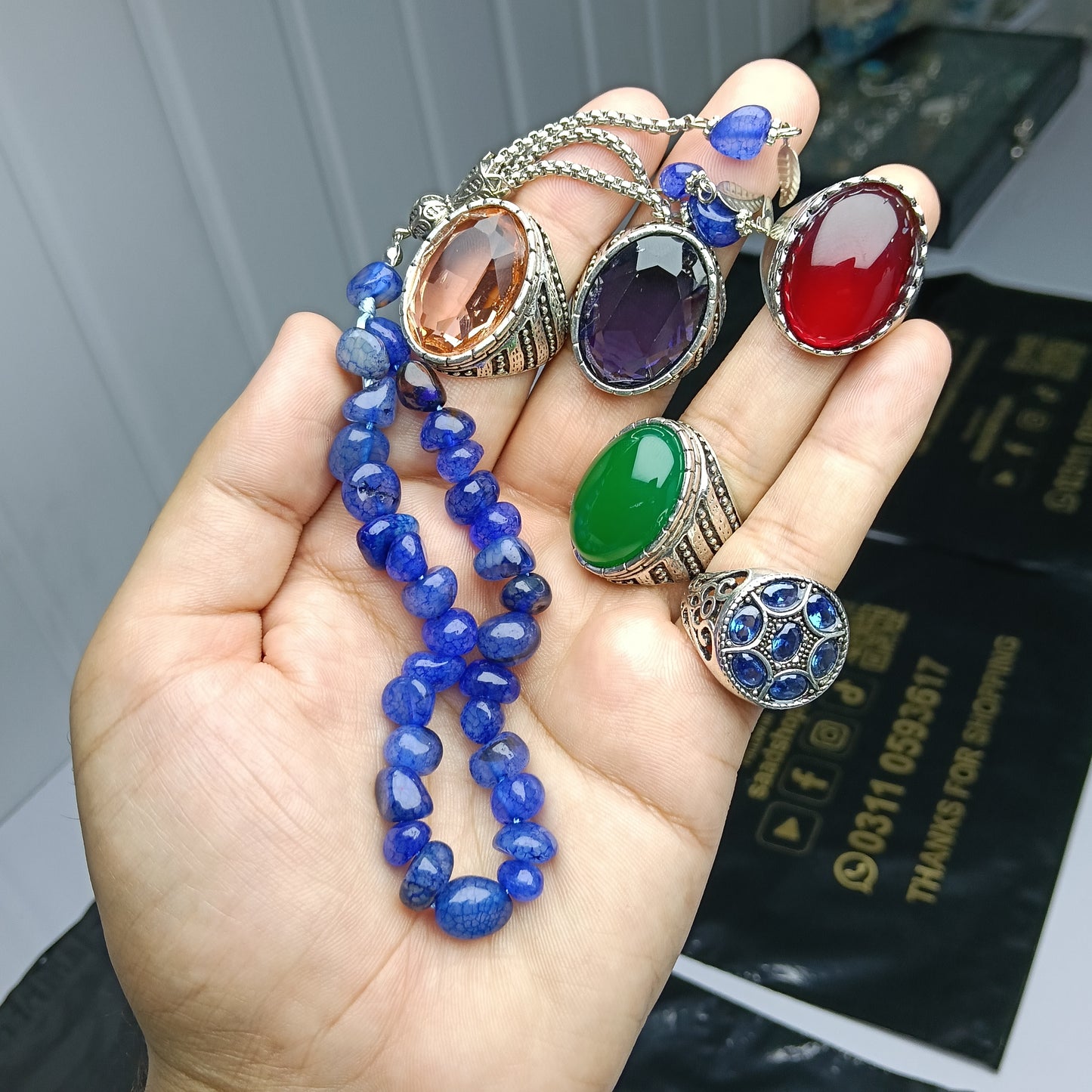 💍 Deal of 5 Rings + Nellum Stone Tasbih – Elegant Gemstone Combo with Free Delivery
