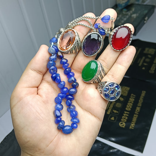 💍 Deal of 5 Rings + Nellum Stone Tasbih – Elegant Gemstone Combo with Free Delivery