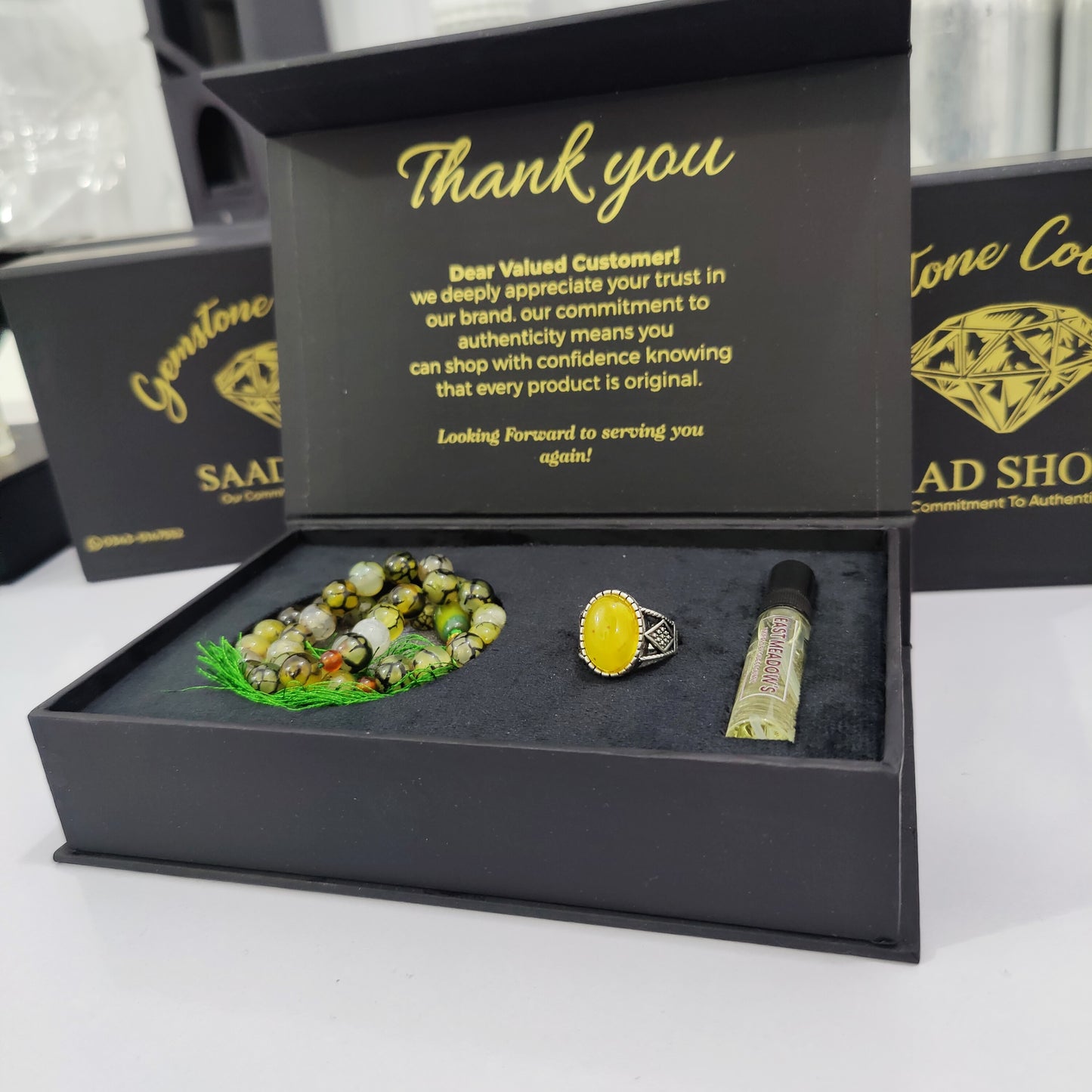 Yammni Aqeeq stone Ring from iran in Gift box packing with shejri Aqeeq stone Tasbih and High quality perfume