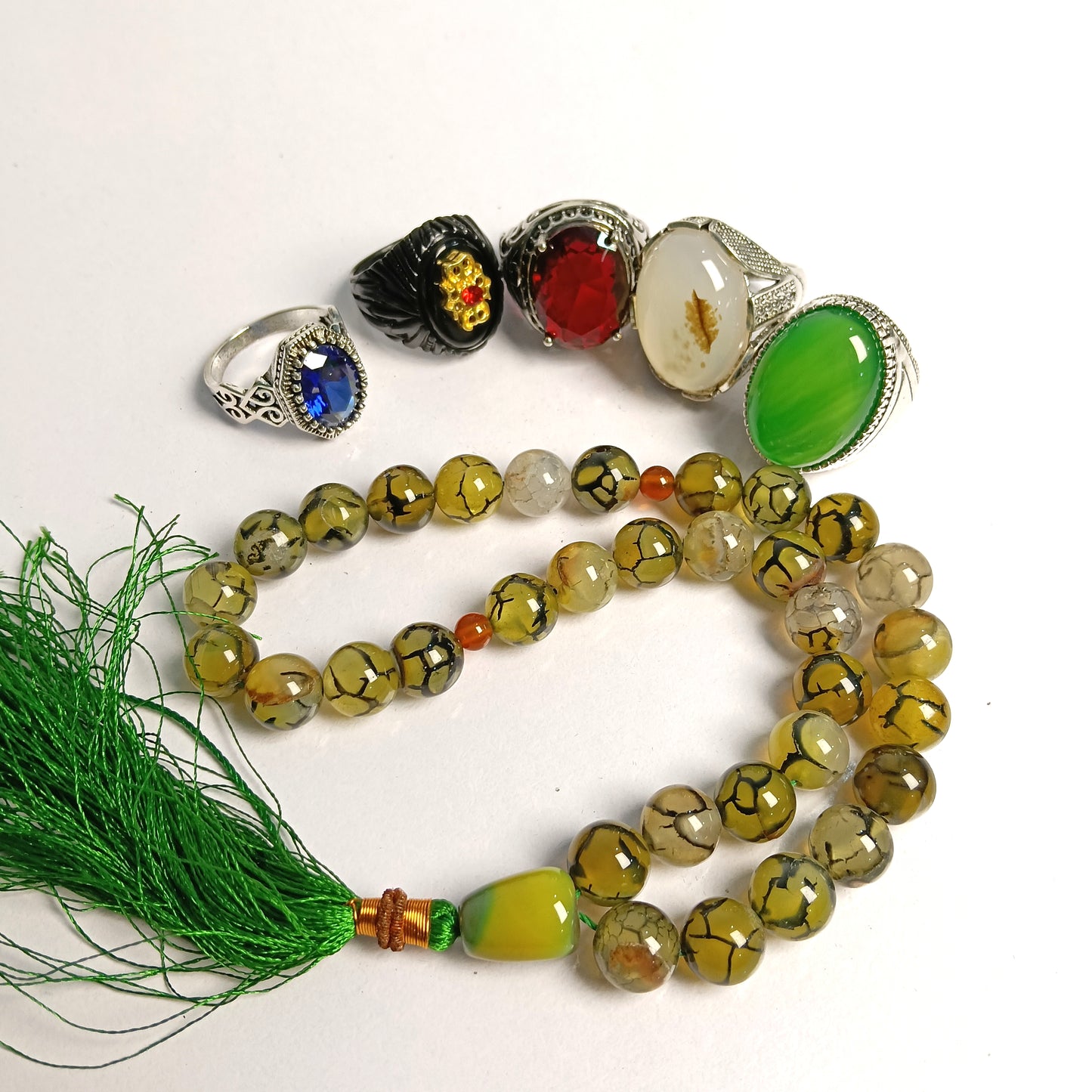Gemstone 5  Rings Bundle(nellum Ruby and aqeeq Rings)+33 prayer beads Shejri aqeeq Tasbih