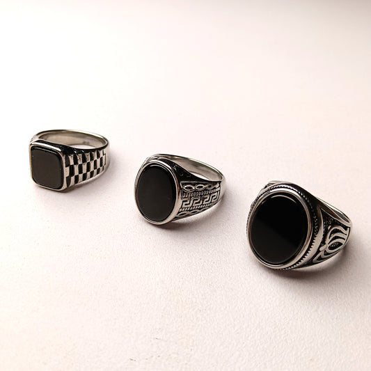 Exclusive Deal: Set of 3 Silver Rings with Black Aqeeq – Free Home Delivery!