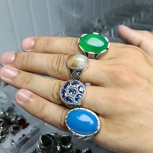 Deal of 4 Gemstone Rings – Nellum, Sulamani Aqeeq, Blue Aqeeq & Green Aqeeq