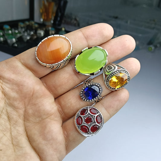 A beautiful limited time Deal of 5 gemstone Rings – nellum, Yellow zircon, ruby, yammni aqeeq & Green Stones ring
