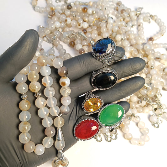 Gemstone 5 Rings Bundle(nellum+ Pukraj and aqeeq Rings)+33 prayer beads Shejri aqeeq Tasbih