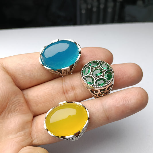 Special Combo Deal: Emerald, Blue Aqeeq & Yellow Aqeeq Rings – Free Home Delivery!