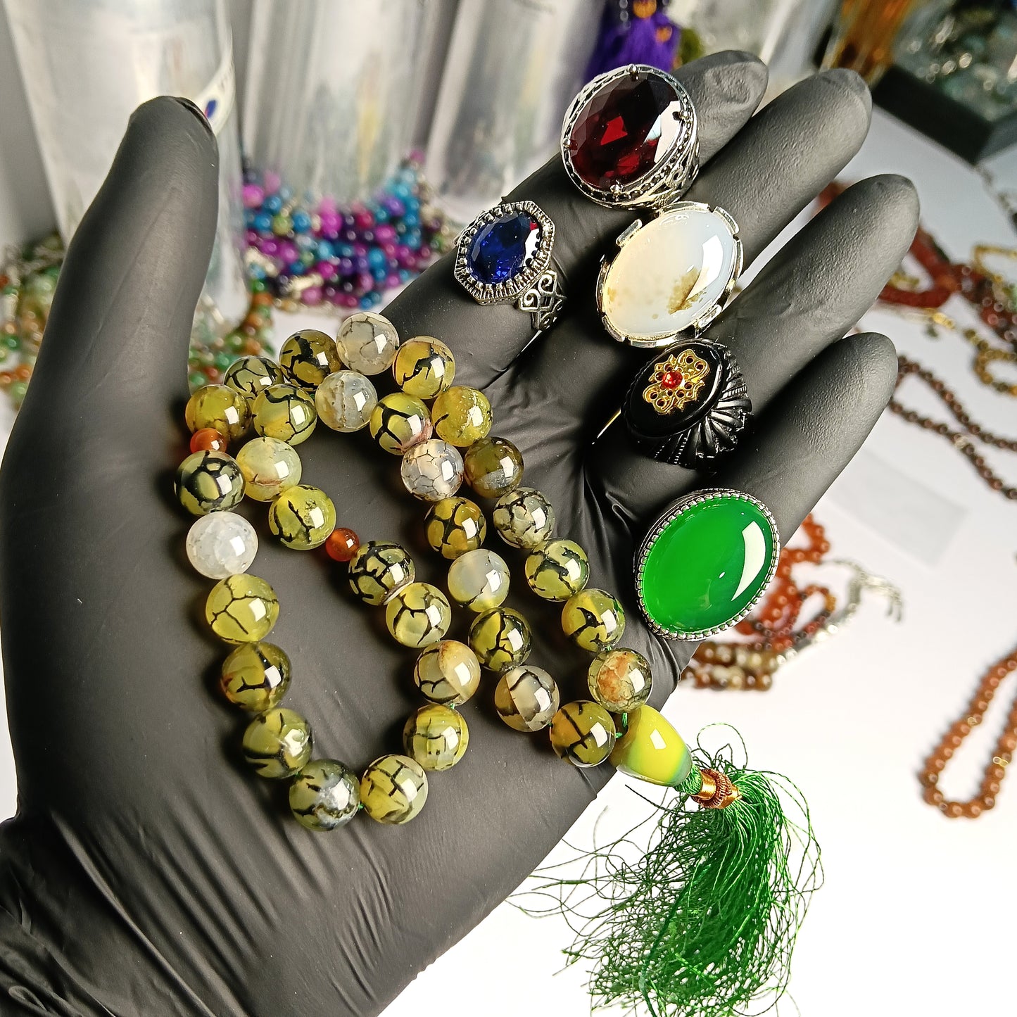 Gemstone 5  Rings Bundle(nellum Ruby and aqeeq Rings)+33 prayer beads Shejri aqeeq Tasbih